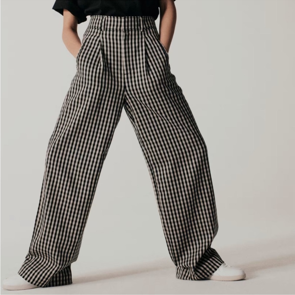 Everlane NWT Way-High Drape Pant Size 6S in Khaki and Black Checked